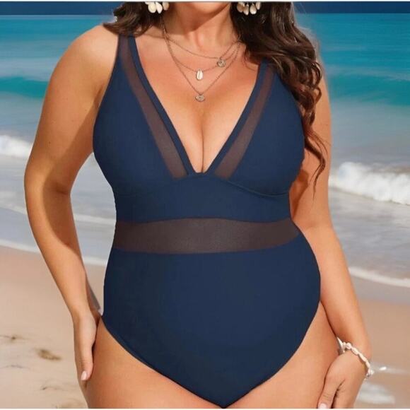 Cupshe Plus Size 3X One Piece Swimsuit Blue V-Neck Mesh Sheer Panel Tummy Contro - Picture 1 of 9